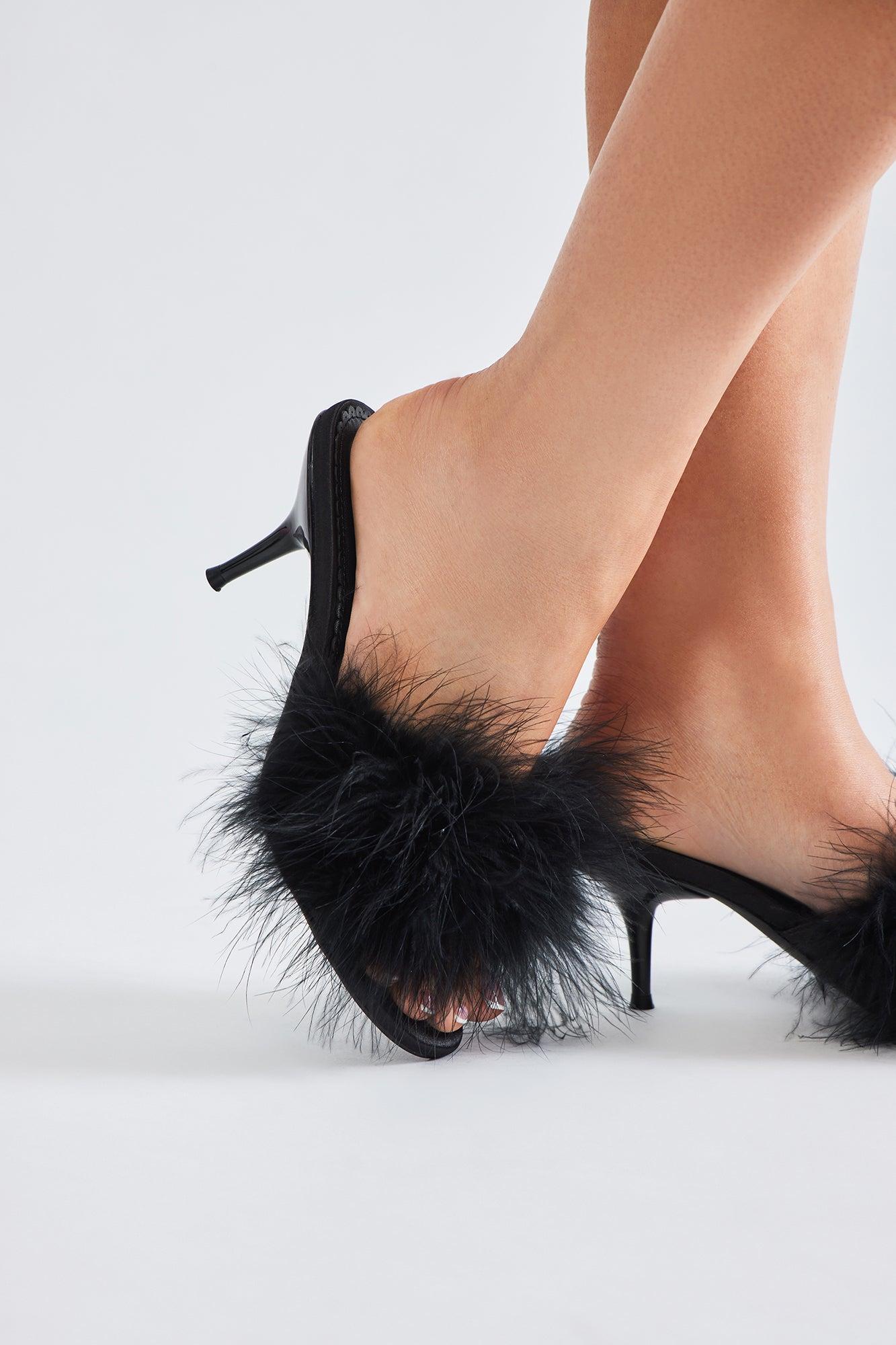 Fluffy Feather Kitten Heels - Black Product Image