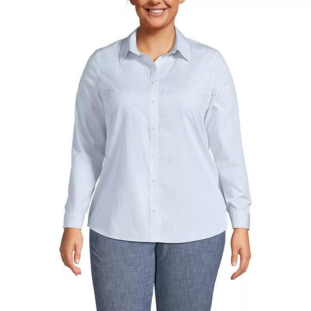 Plus Size Lands End Wrinkle-Free No Iron Button-Front Shirt, Womens Green Wide Stripe Product Image