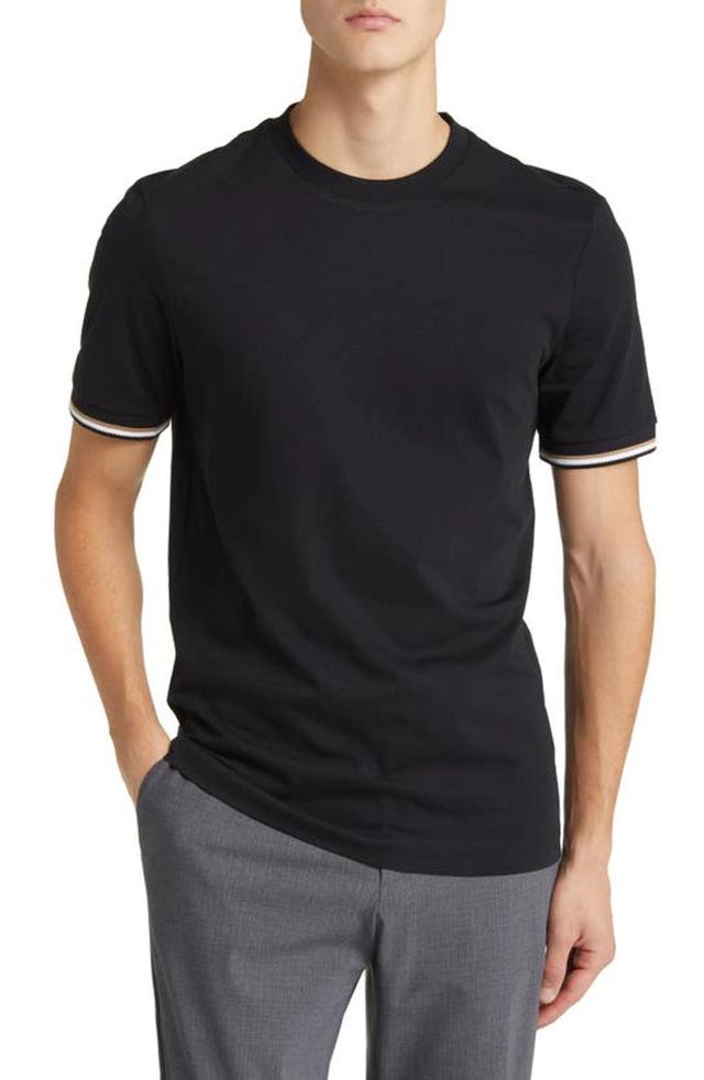 HUGO BOSS Stripe-trim Cotton T-shirt In Schwarz Product Image