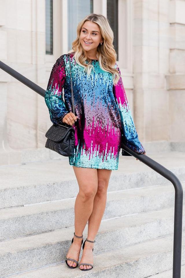 Nothing Left To Say Multi Color Sequin Bell Sleeve Mini Dress Product Image