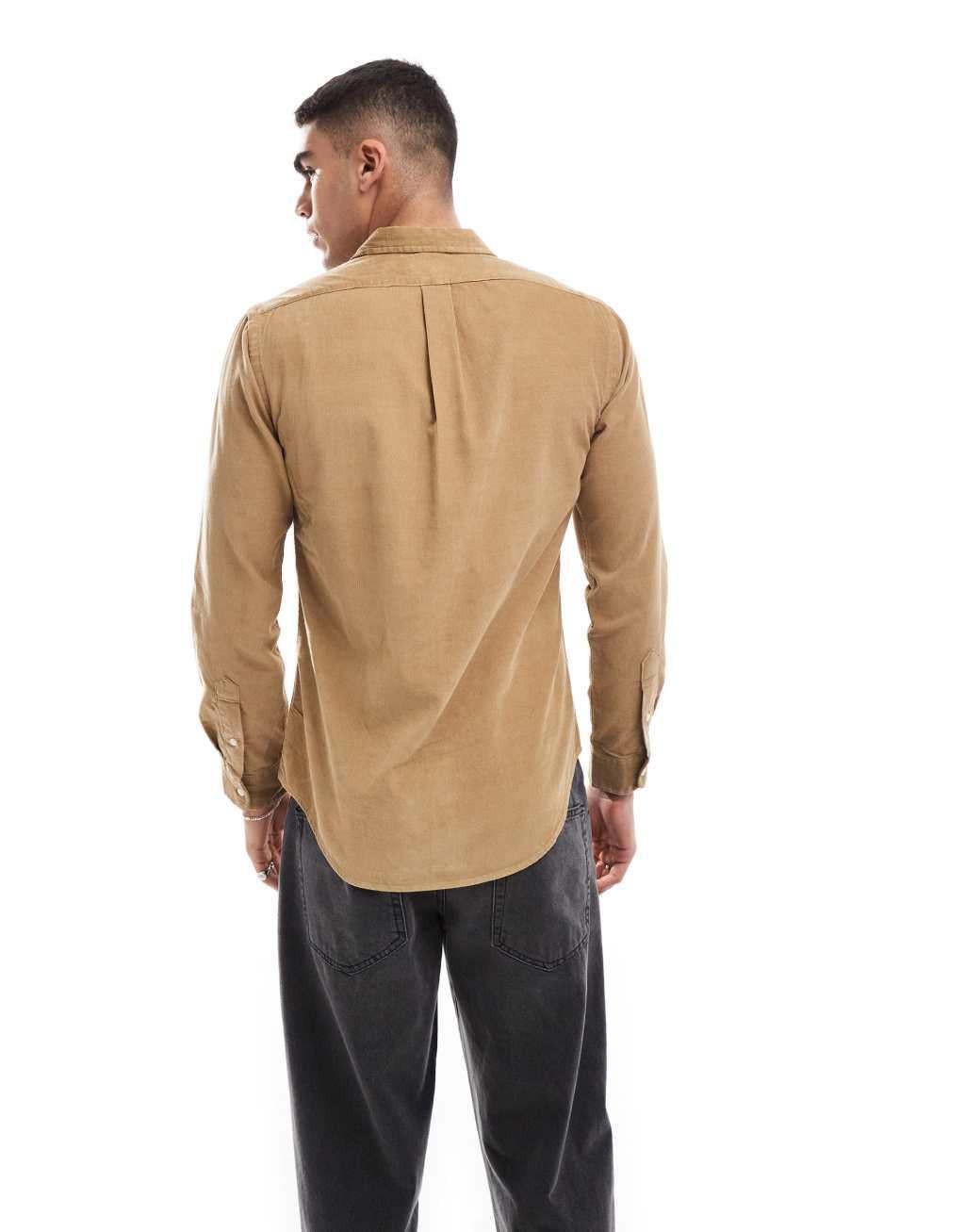 Polo Ralph Lauren icon logo slim fit corduroy shirt in tan Product Image