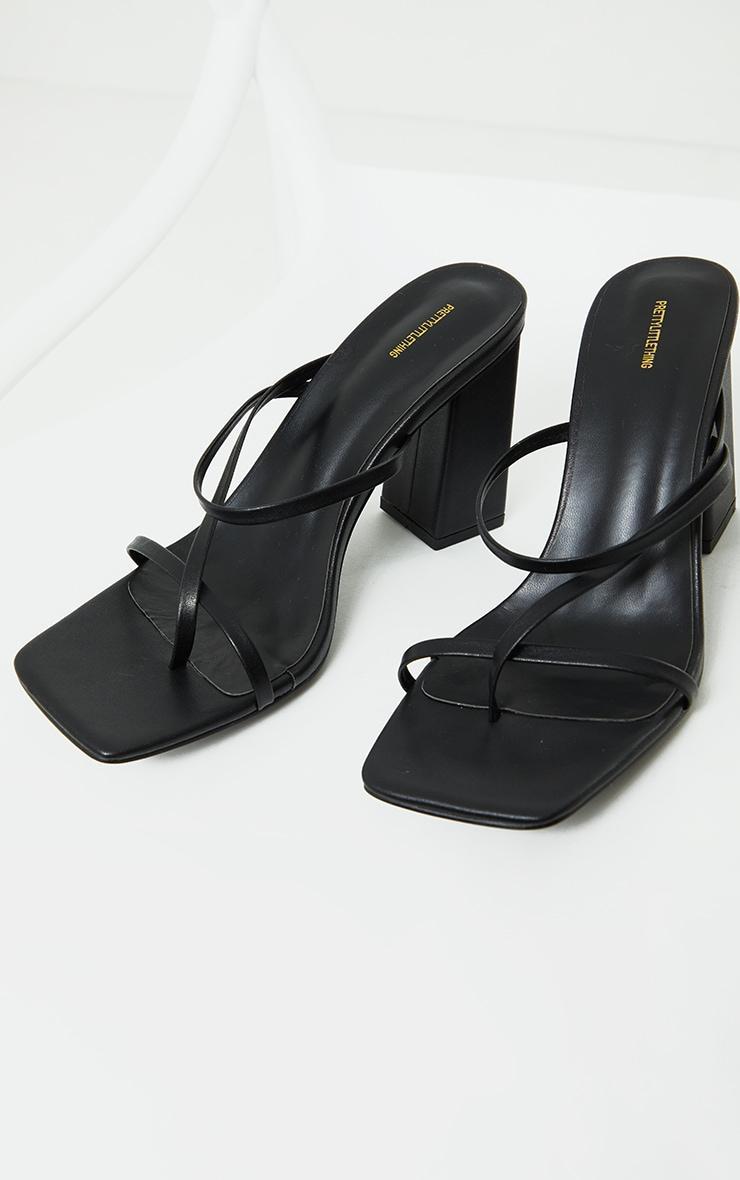 Black PU Toe Loop Strappy Block Heeled Mules Product Image