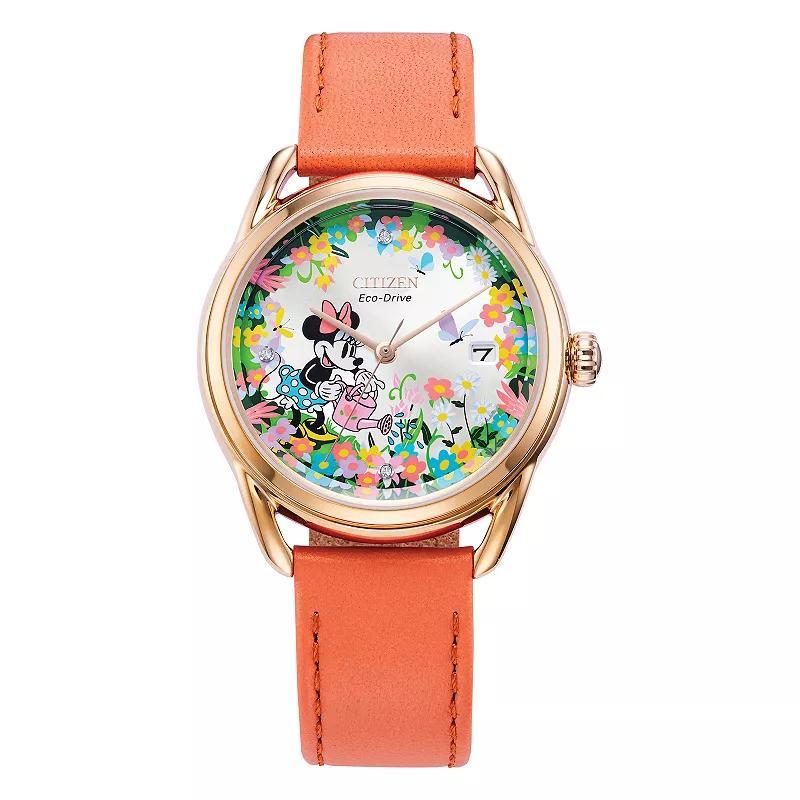 Disneys Gardening Minnie Citizen Womens Eco-Drive Rose Gold Tone Stainless Steel Coral Leather Strap Watch - FE6087-04W Pink Product Image