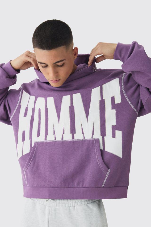 Oversized Boxy Twill Applique Contrast Stitch Hoodie | boohooMAN USA Product Image