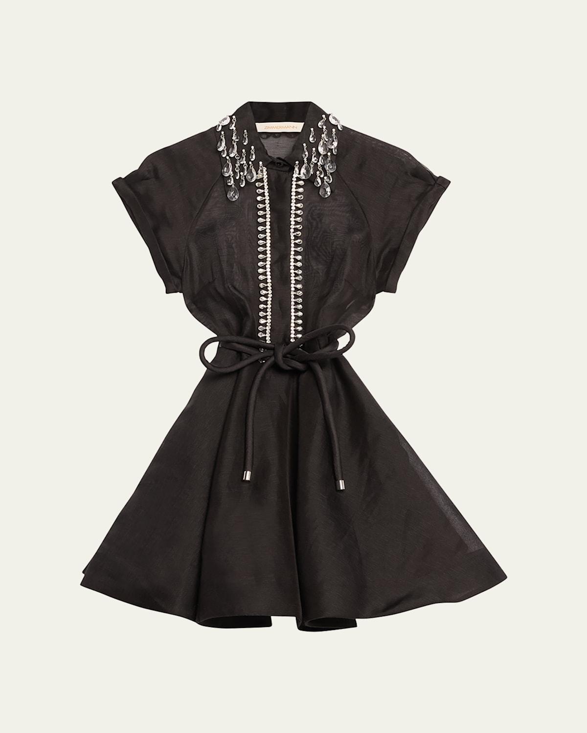 Zimmermann Matchmaker Crystal Embellished Belted Linen & Silk Organza Minidress Product Image