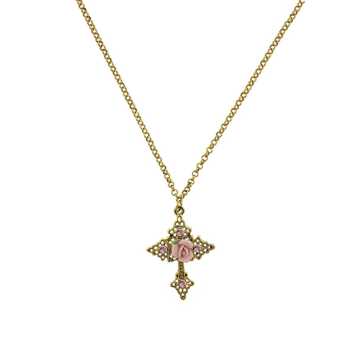 1928 Porcelain Rose Cross Pendant Necklace, Womens Pink Product Image