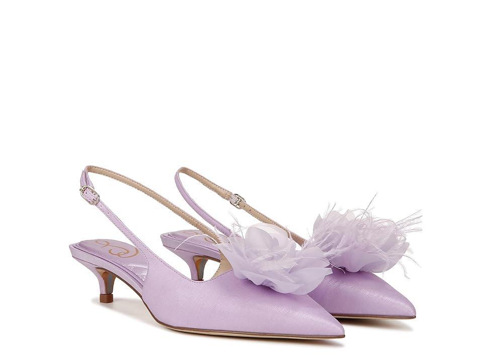 Sam Edelman Faye Satin Kitten Heel Slingback Sheer Flower and Feather Detail Pumps Product Image