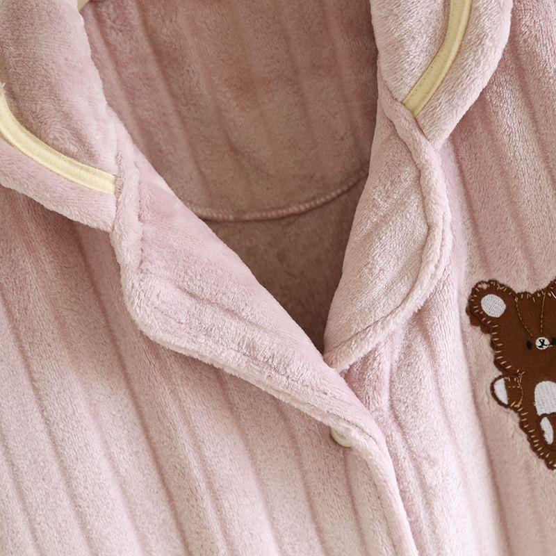 Pajama Set: Teddy Bear Accent Button-Up Jacket + Pants Product Image