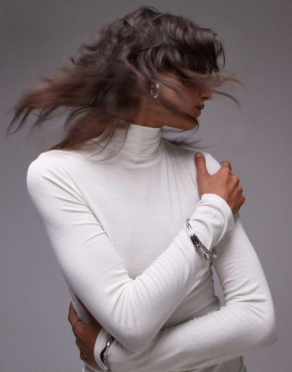 Topshop premium rib long sleeve funnel neck top in ecru Product Image