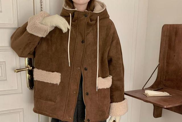 Stand Collar Hood Faux Shearling Button Jacket Product Image