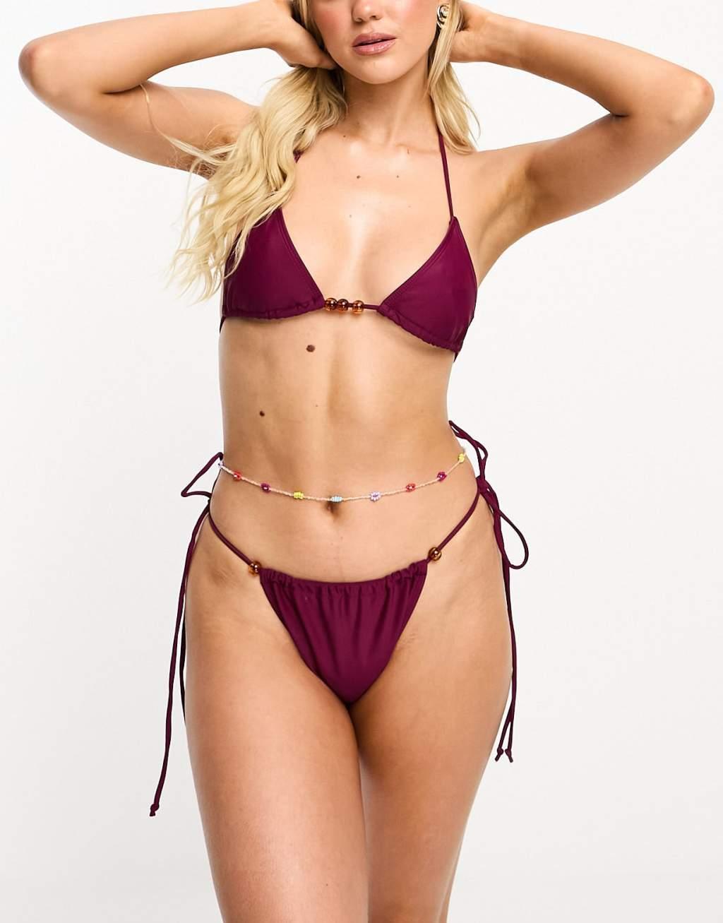 Motel leyna tie side bikini bottom with beads in burgundy Product Image