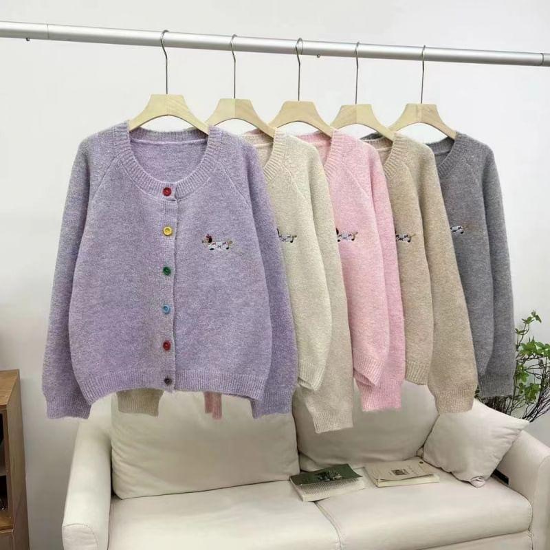 Long-Sleeve Crewneck Embroidered Cardigan Product Image