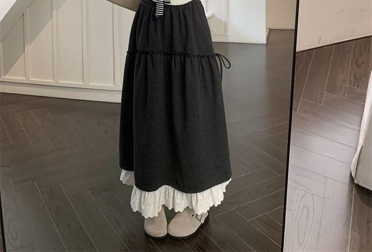 High Waist Plain Lace Trim Maxi A-Line Skirt Product Image