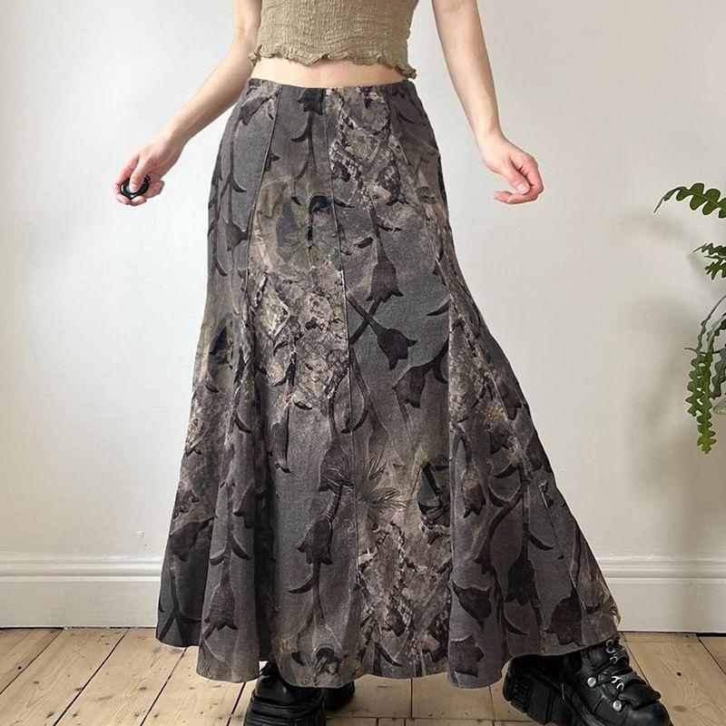 High Waist Floral Print Maxi A-Line Skirt Product Image