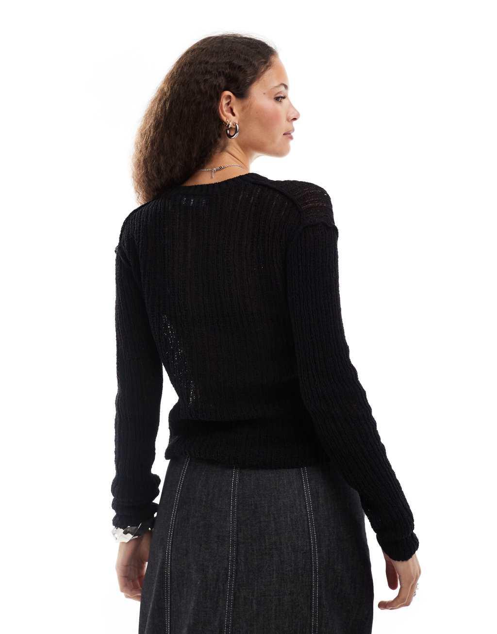 Weekday slim fit lightweight ribbed sweater in black Product Image