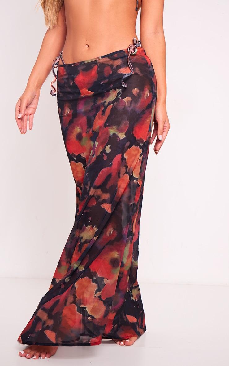 Burnt Orange Blurred Floral Print Mesh Fishtail Maxi Skirt Product Image