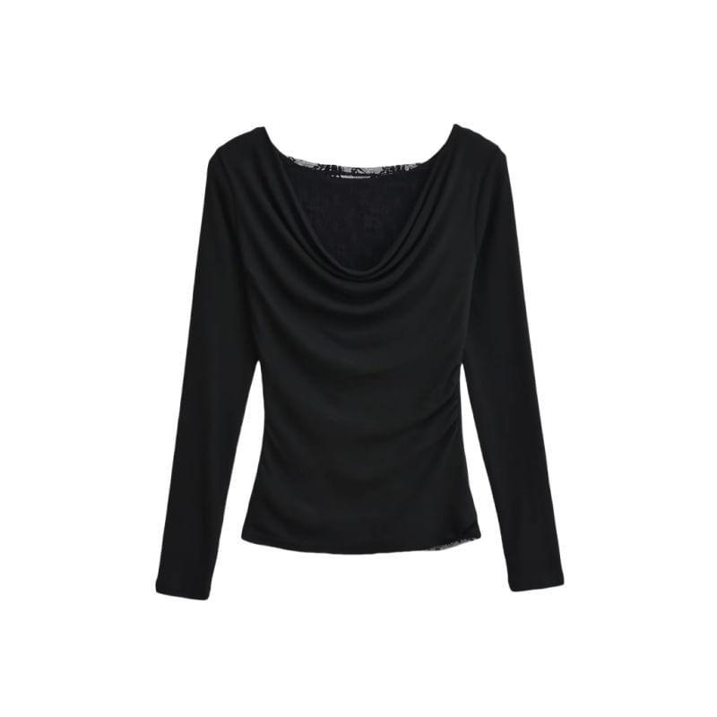 Long Sleeve Cowl Neck Plain Ruched Panel Lace Top Product Image