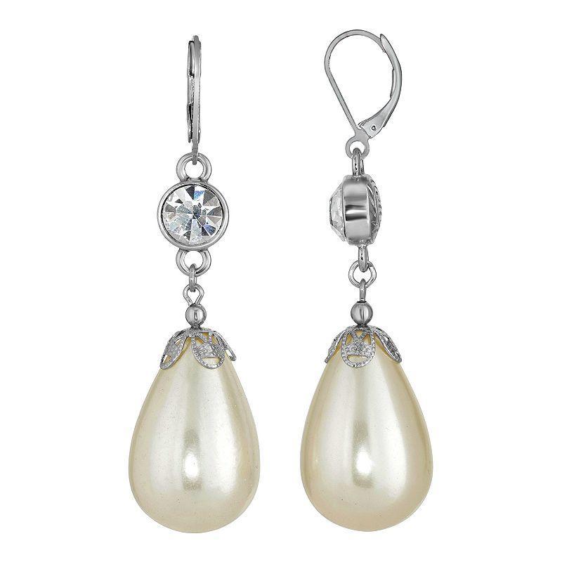 1928 Silver Tone Crystal & Simulated Pearl Teardrop Drop Earrings, Womens, White Product Image