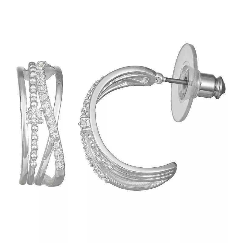 Napier Silver Tone Cubic Zirconia Braided C-Hoop Earrings, Womens, White Product Image