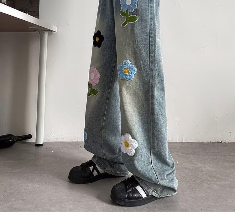 Mid Rise Washed Flower Wide Leg Jeans Product Image