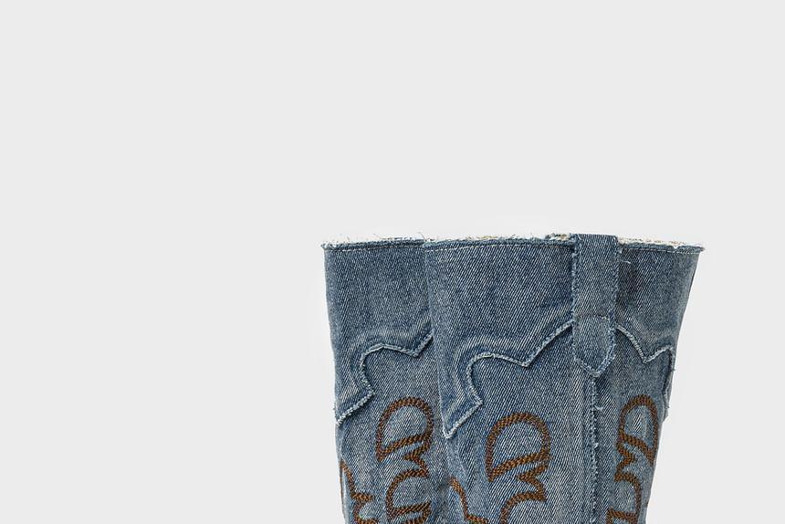 Embroidered Denim Chunky Heel Mid-Calf Boots Product Image