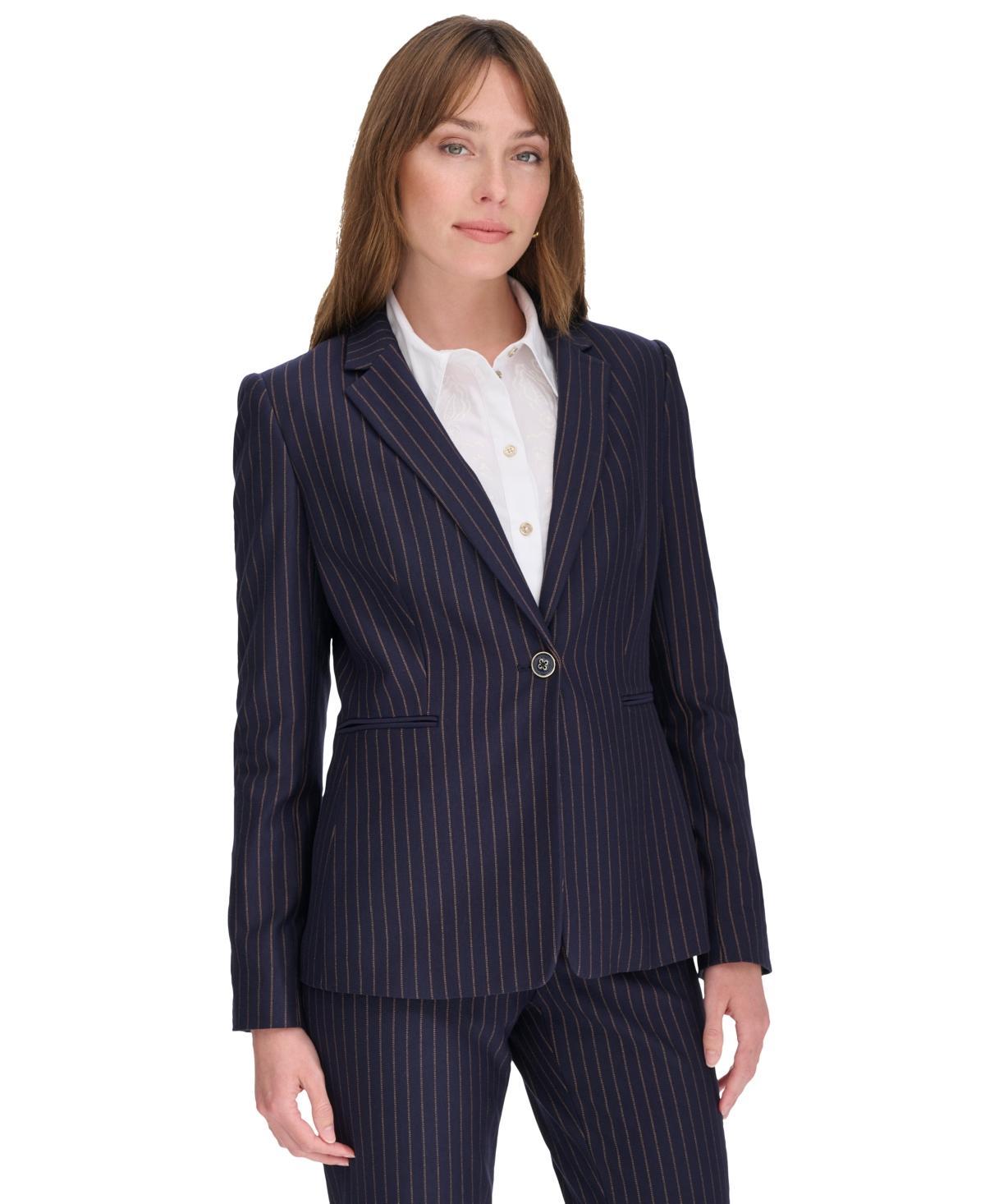 Tommy Hilfiger Womens Pinstripe Slim-Fit Single-Button Blazer - Mdngt Product Image