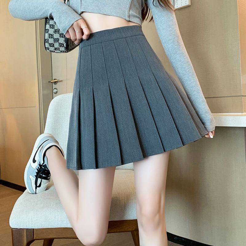 High Waist Plain Pleated Mini A-Line Skirt product image