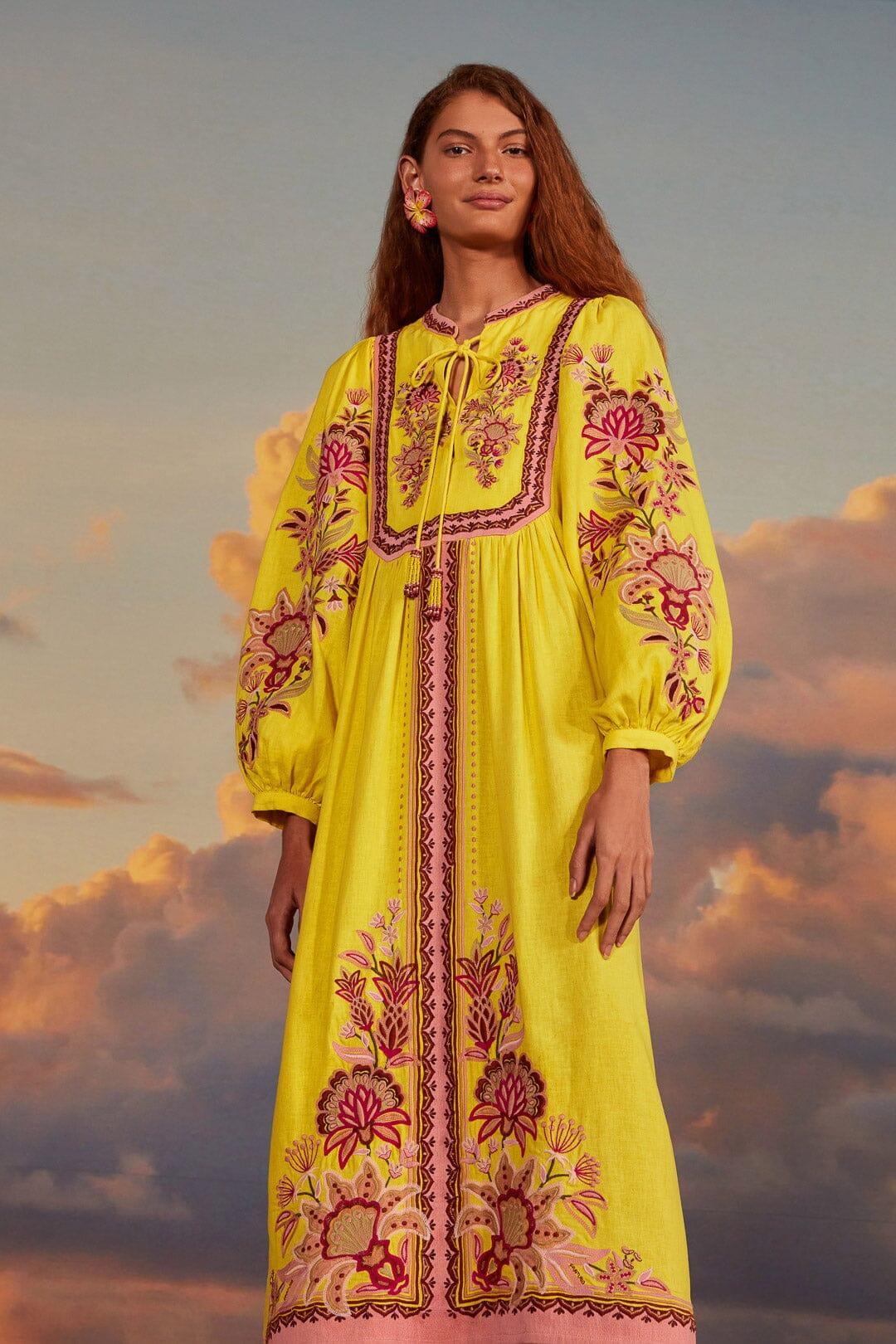 Yellow Embroidered Garden Tapestry Midi Dress Product Image