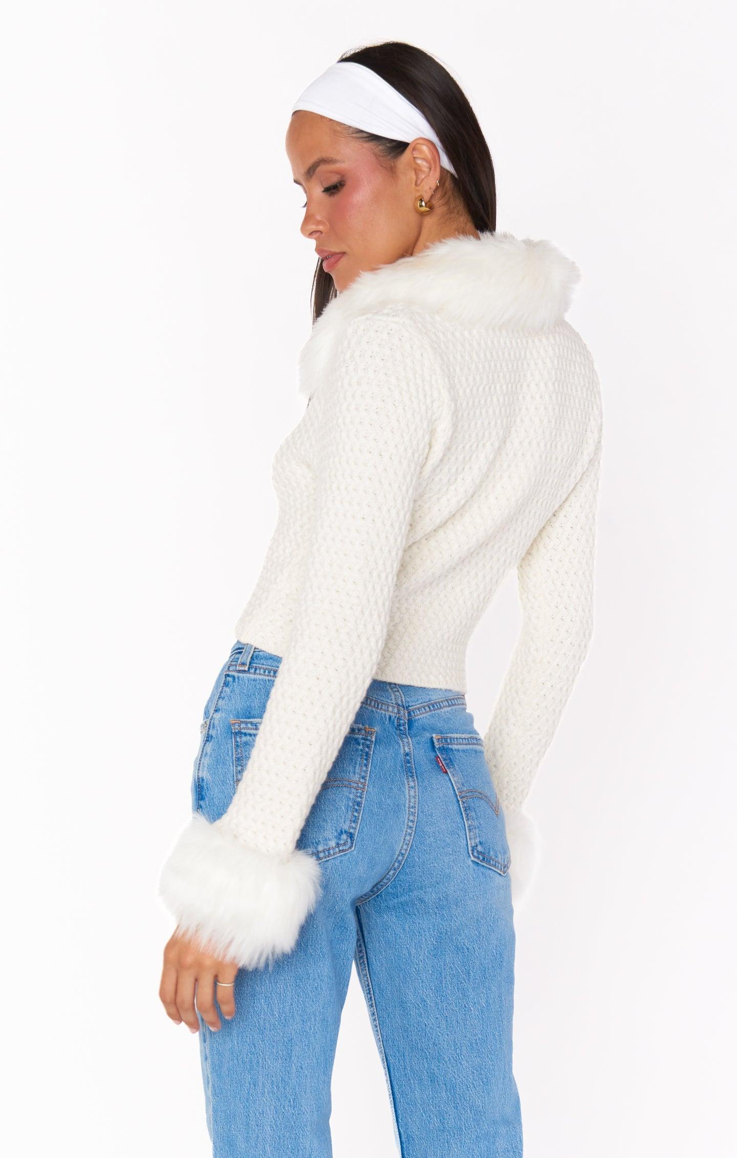 Zermatt Zip Up ~ White Pebble Knit with Faux Fur Product Image