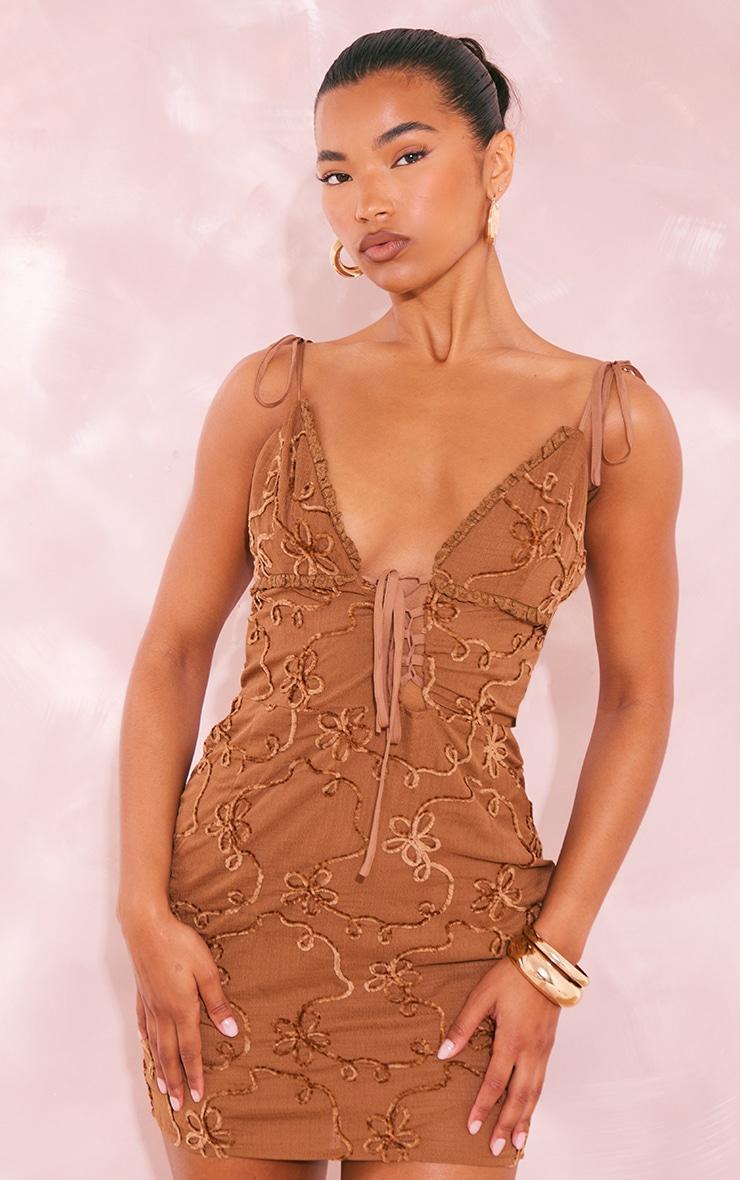 Chocolate Floral Soft Textured Lace Up Plunge Shift Dress Product Image