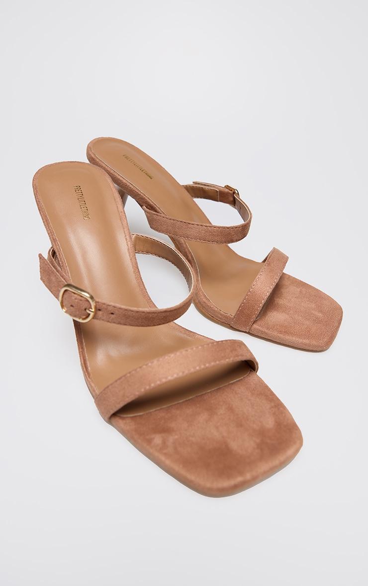 Tan Faux Suede Square Toe Strappy Heeled Mule Sandals Product Image