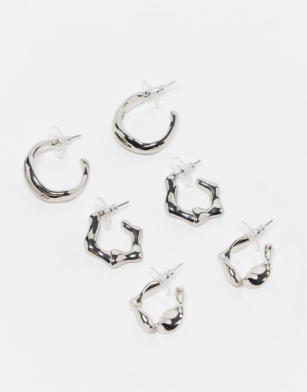 ASOS DESIGN pack of 3 hoop earrings with molten design in silver tone Product Image