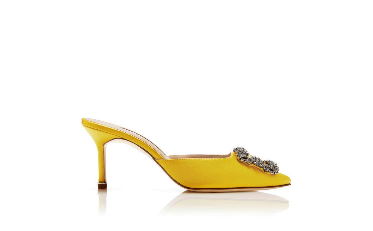 HANGISIMU Yellow Satin Jewel Buckle Mules Product Image