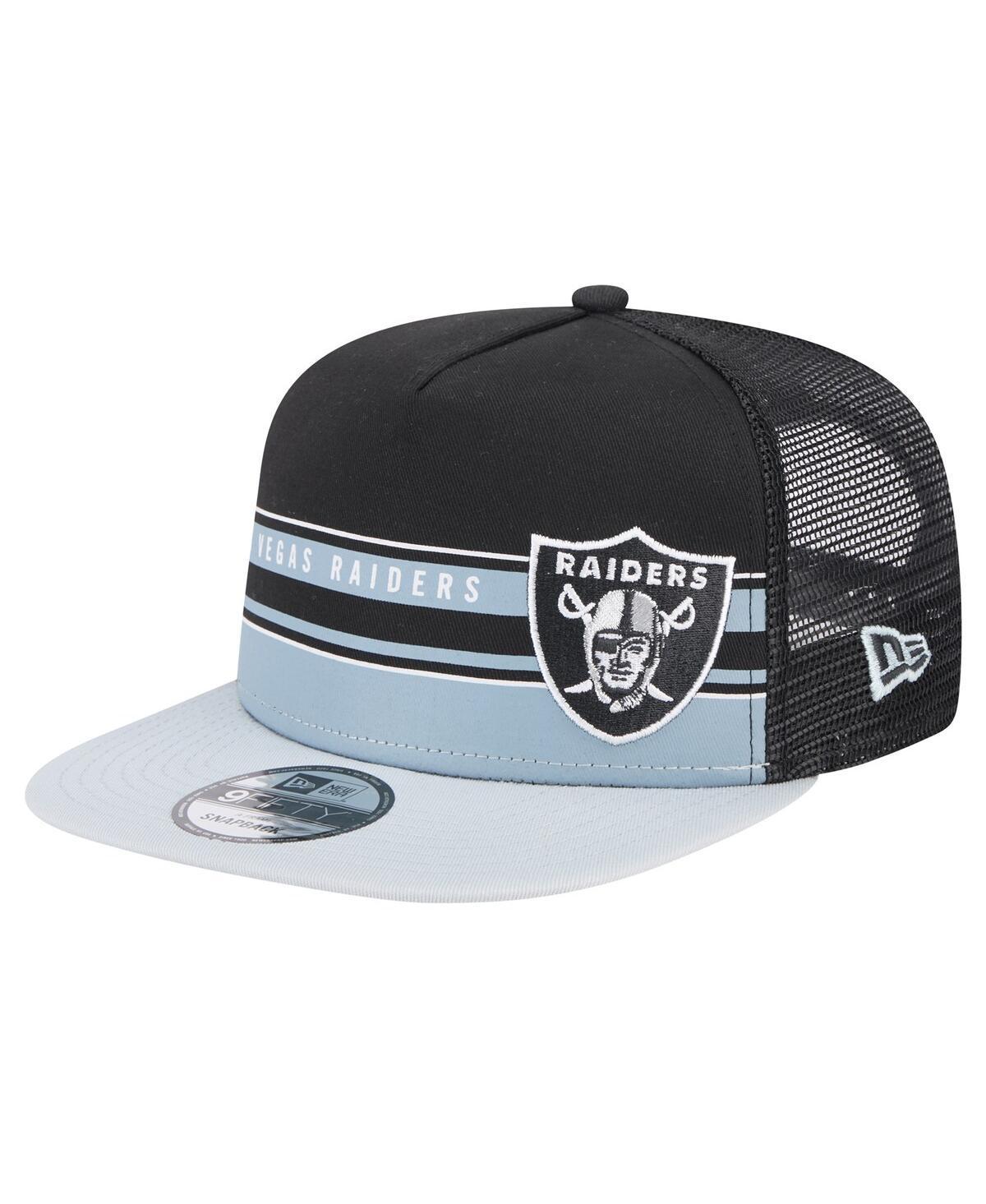 New Era Mens Black Las Vegas Raiders Half Stripe Trucker 9FIFTY Snapback Hat - Black, Silver Product Image