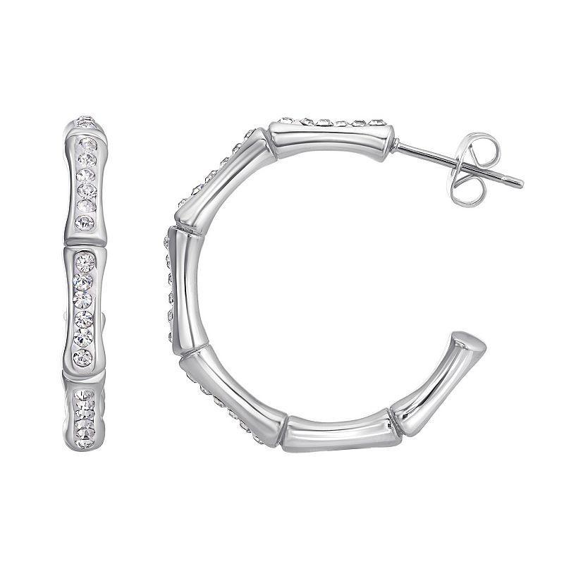 Chrystina Fine Silver Plated Crystal Bamboo Textured C-Hoop Earrings, Womens, White Product Image