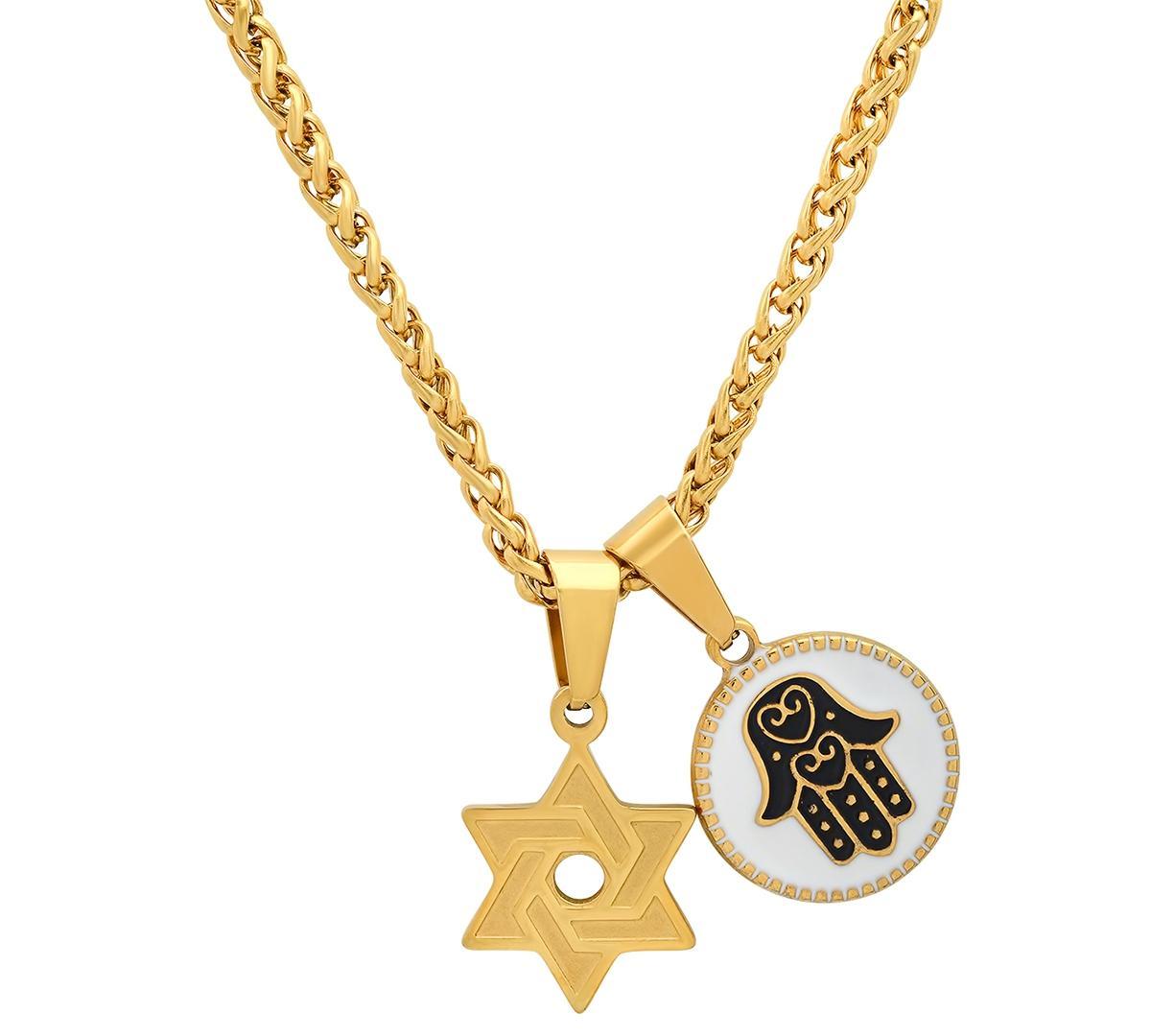 Steeltime Mens 18K Gold Plated Star of David & Hamsa Round Pendant Necklace, 24 - White, Blue Product Image