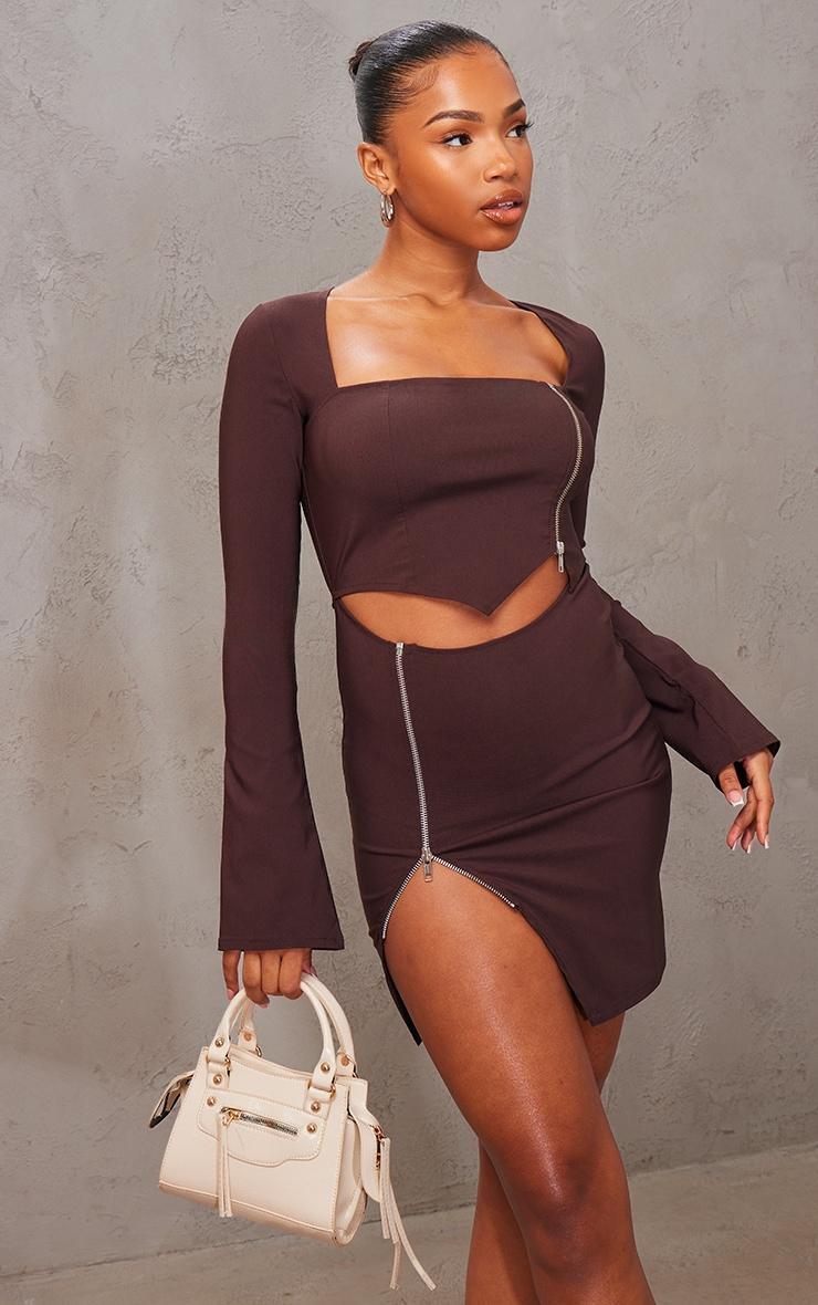  Chocolate Stretch Woven Long Sleeve Zip Detail Mini Dress Product Image