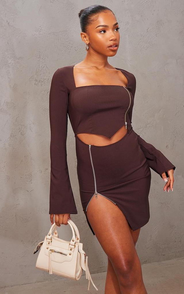  Chocolate Stretch Woven Long Sleeve Zip Detail Mini Dress Product Image