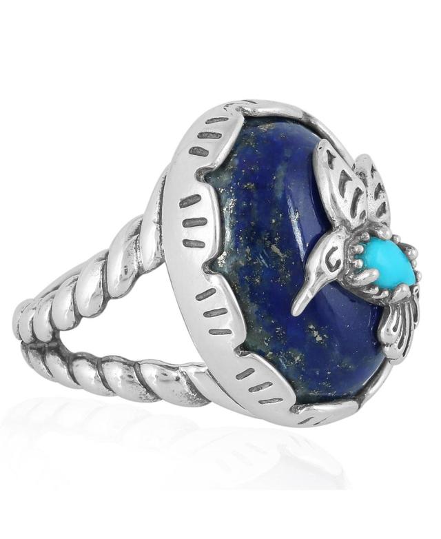 American West Jewelry Sterling Silver Womens Ring, Blue Turquoise and Lapis Lazuli Hummingbird Design, Sizes 5-10 - Turquoise Product Image