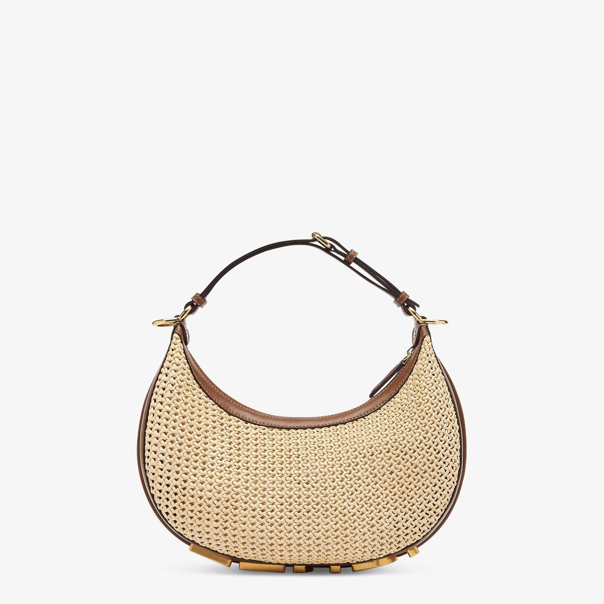 Fendigraphy SmallBrown leather and natural macramé raffia bag Product Image