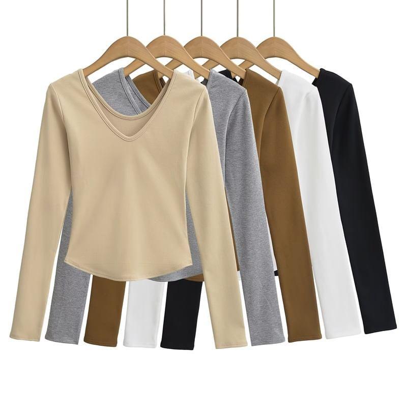 Long-Sleeve V-Neck Plain T-Shirt Product Image