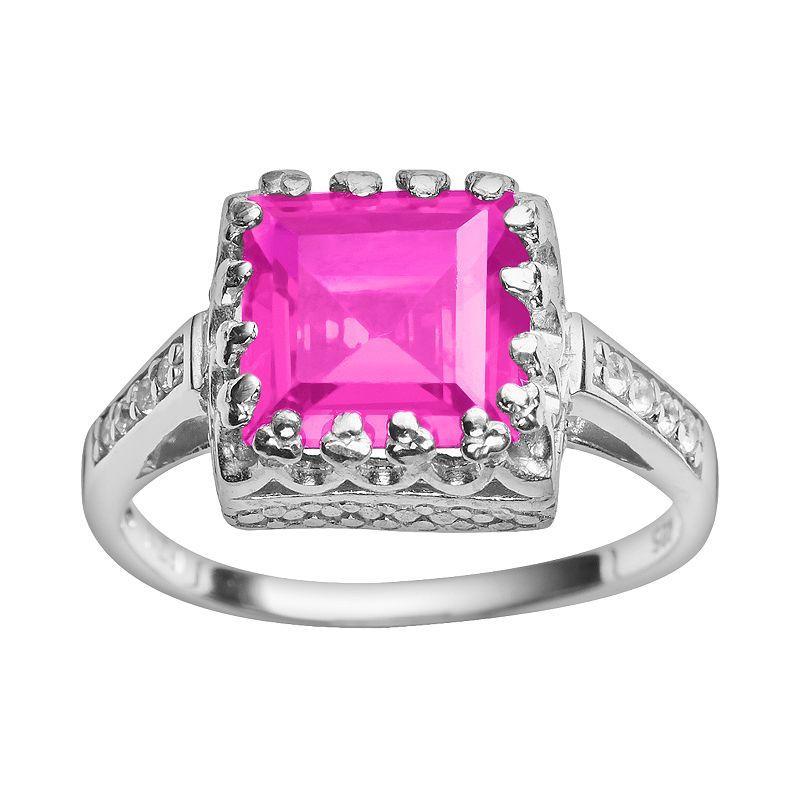 Designs by Gioelli Sterling Silver Lab-Created Pink Sapphire and Lab-Created White Sapphire Crown Ring, Womens Product Image