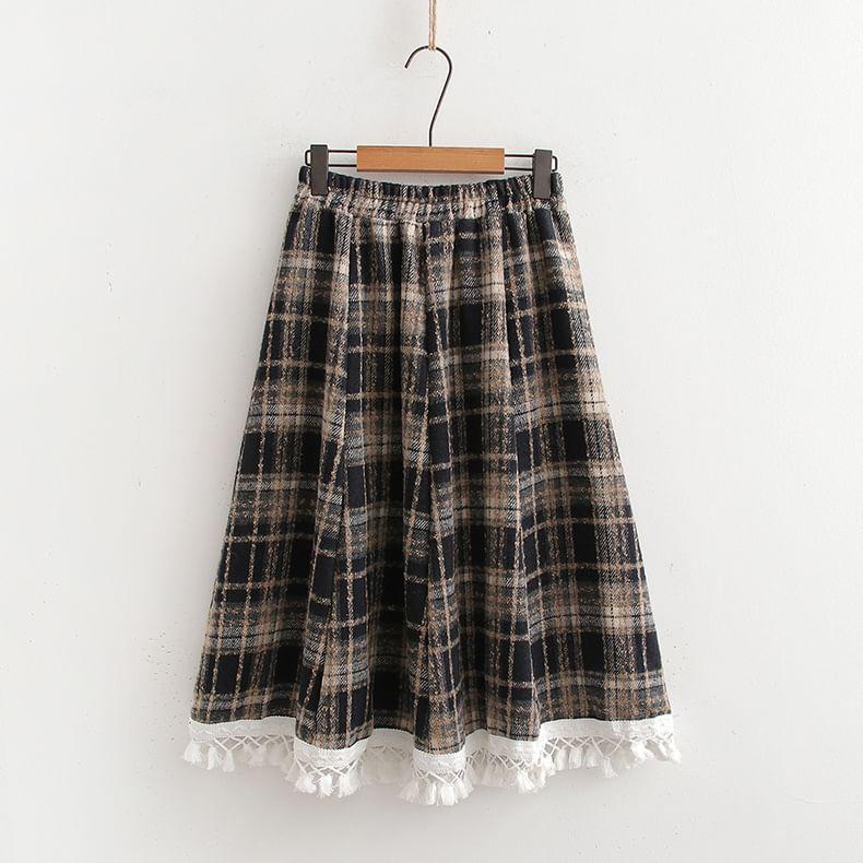 High Waist Plaid Midi A-Line Skirt Product Image