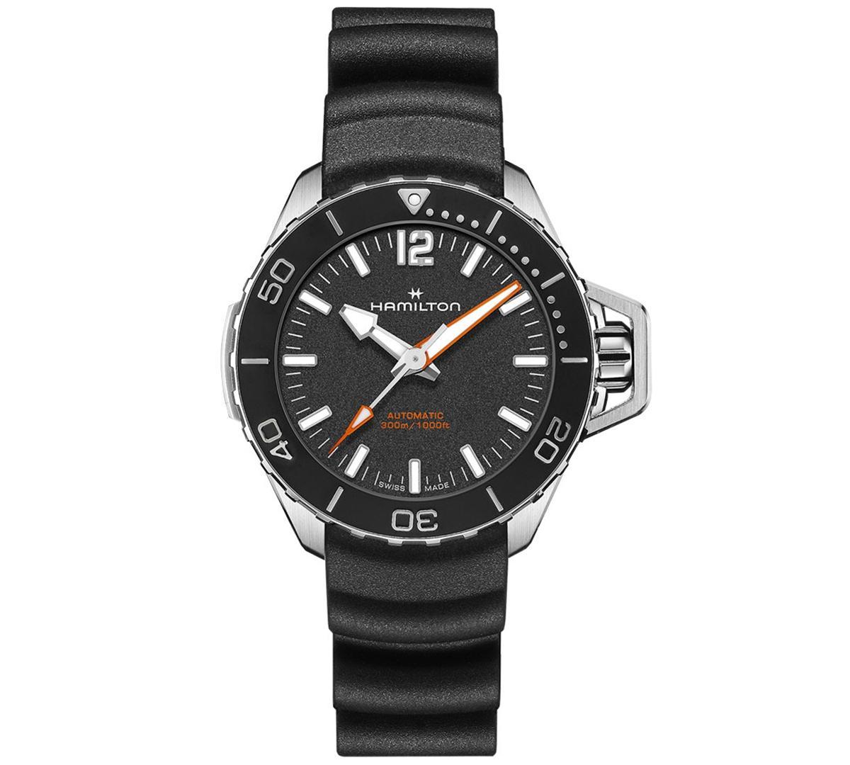 Hamilton Mens Swiss Automatic Khaki Navy Frogman Black Rubber Strap Watch 41mm - Black Product Image