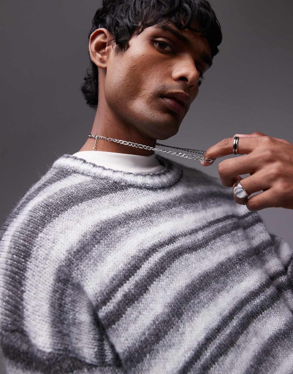 Topman relaxed fit fluffy stripe sweater in gray stripe Product Image