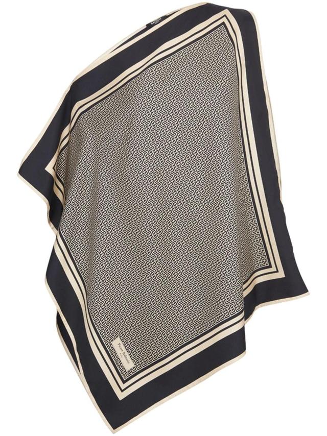 BALMAIN Asymmetric Monogram Silk Scarf Top In Ivory Black Product Image