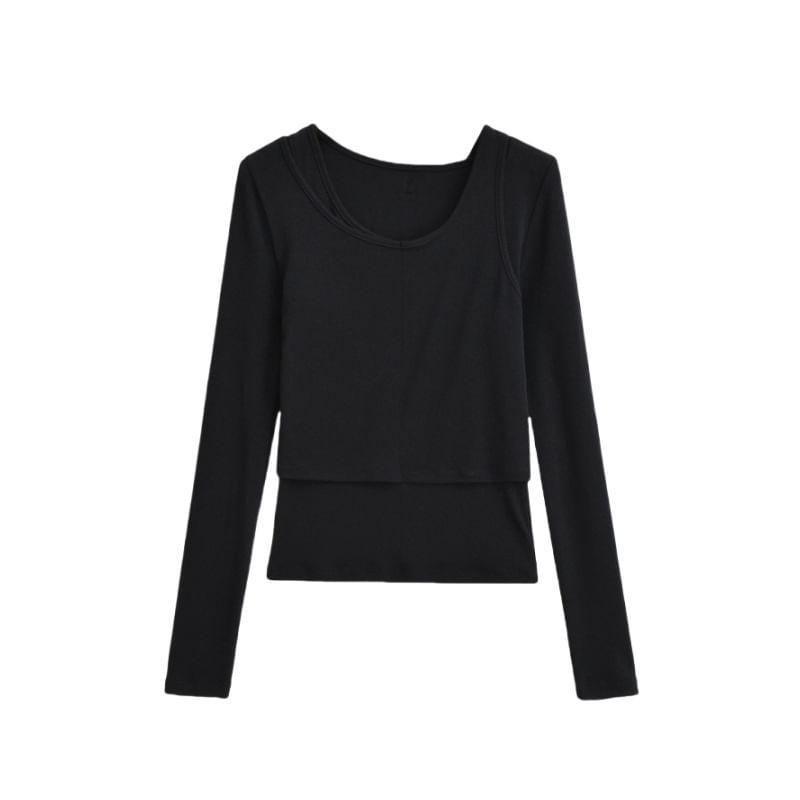 Long Sleeve Crew Neck Plain Mock Two Piece T-Shirt Product Image