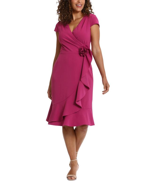 London Times Womens Rosette Flounce Faux-Wrap Dress Product Image