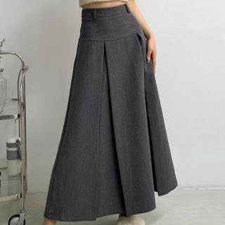 High Waist Plain Pleated Maxi A-Line Skirt Product Image