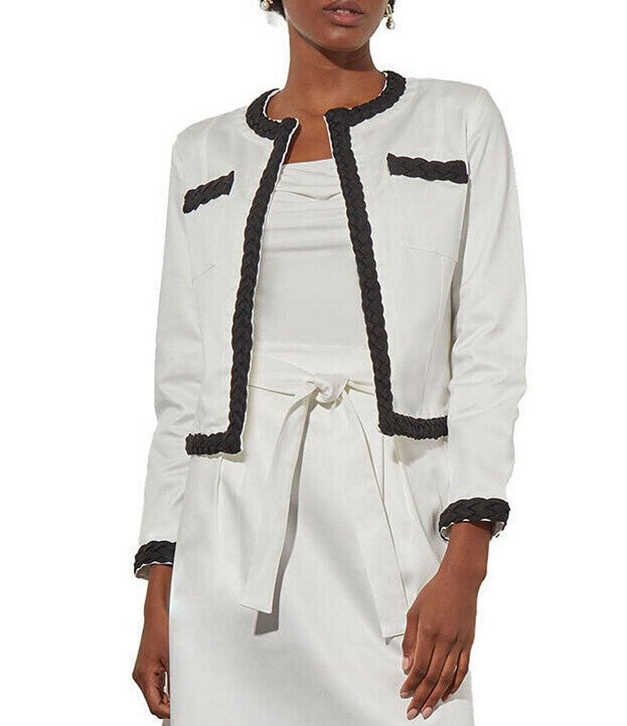 Ming Wang Stretch Tencel Blend Contrast Braid Trim Detail Bracelet Sleeve Open-Front Jacket Product Image